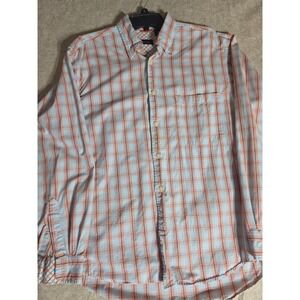 Izod Mens Medium Orange Blue Plaid Long Sleeve Button Down 100% Cotton Shirt